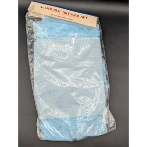 VTG NOS 4 PC Double Dresser Set Betsy Ross Needle Work USA Lt Baby Blue Lace